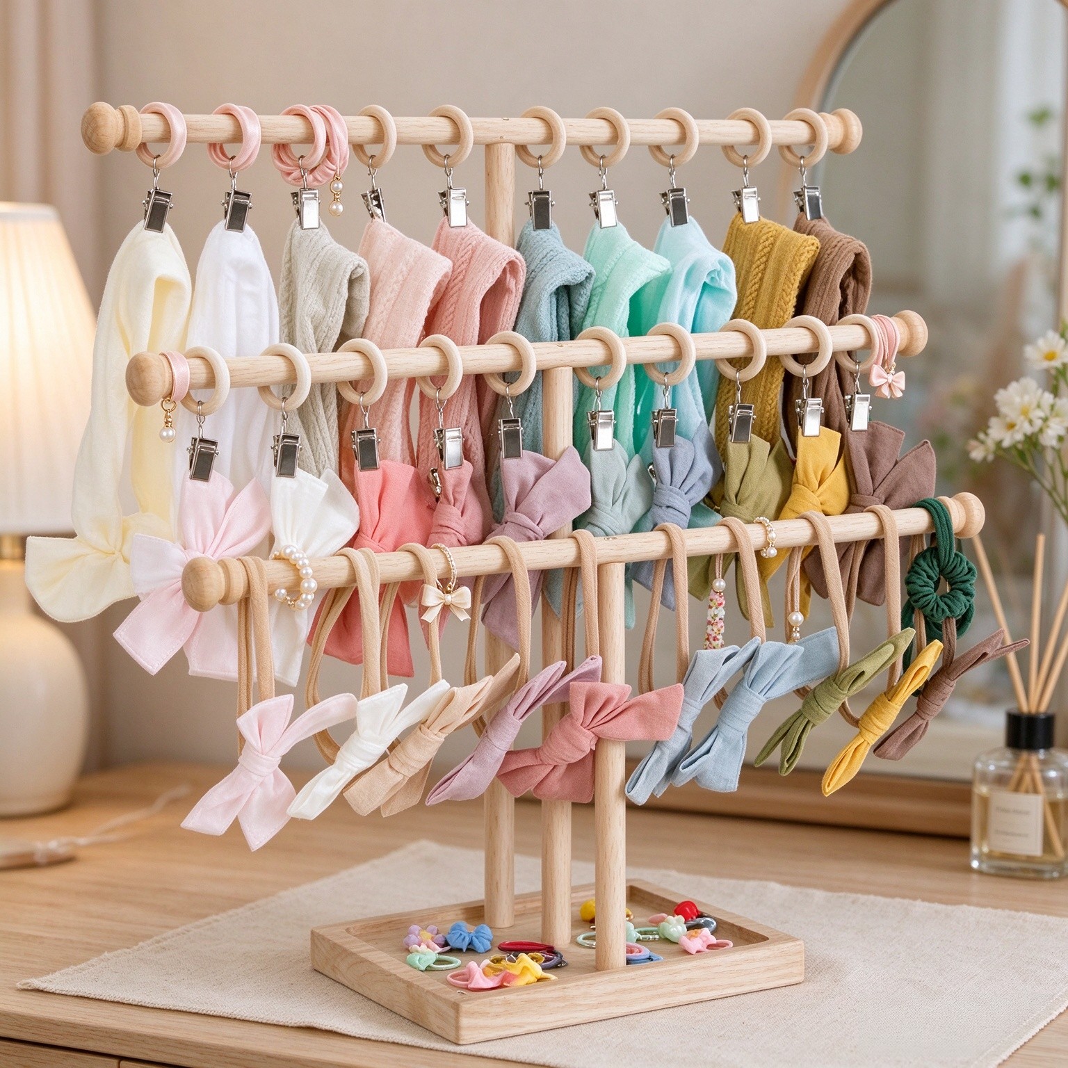 POVETIRE Headband Holder Bow Organizer for Girls, 3 Tier Wood