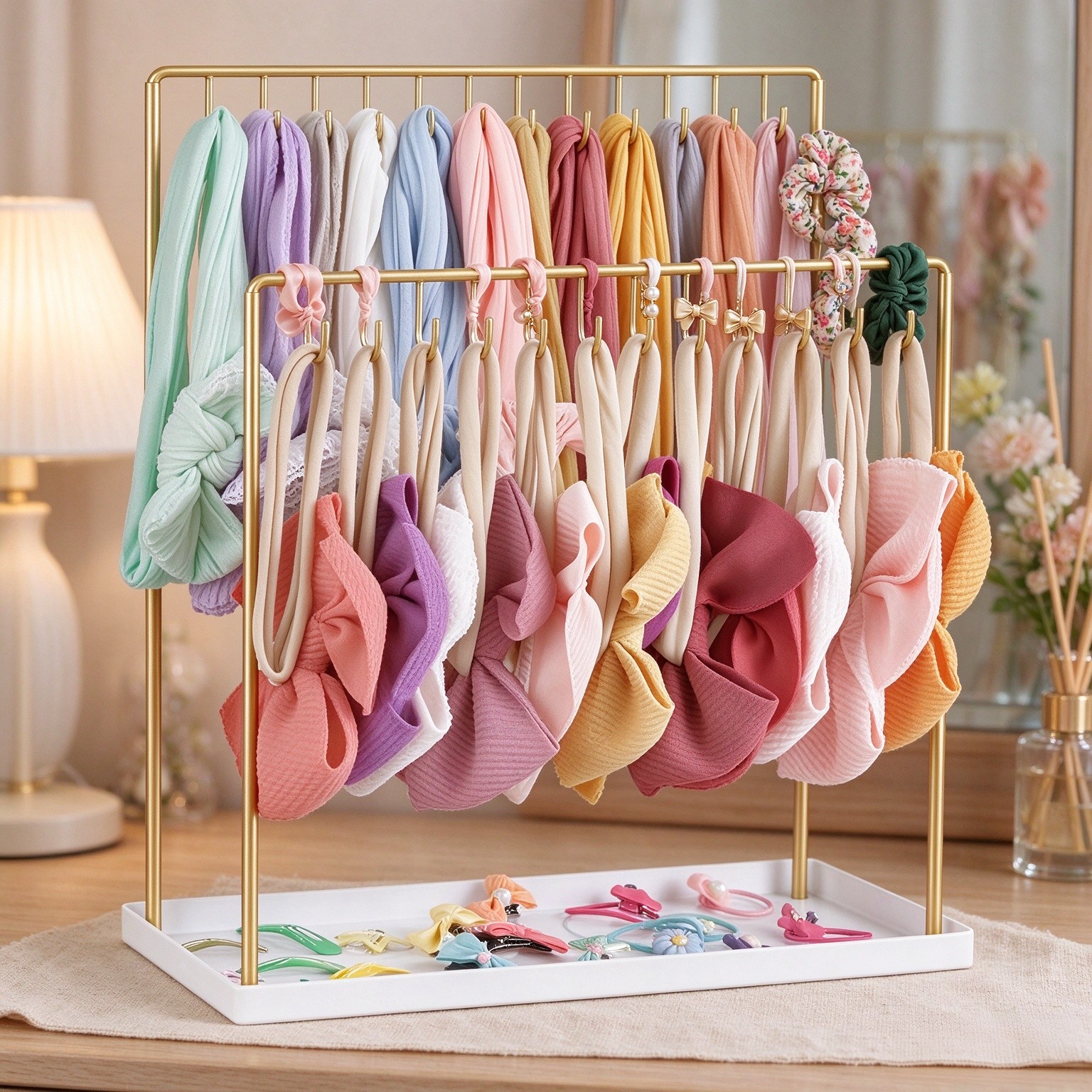Mkono Headband Holder, 2 Tier Gold Hair Bow Organizer for Girls with Tray