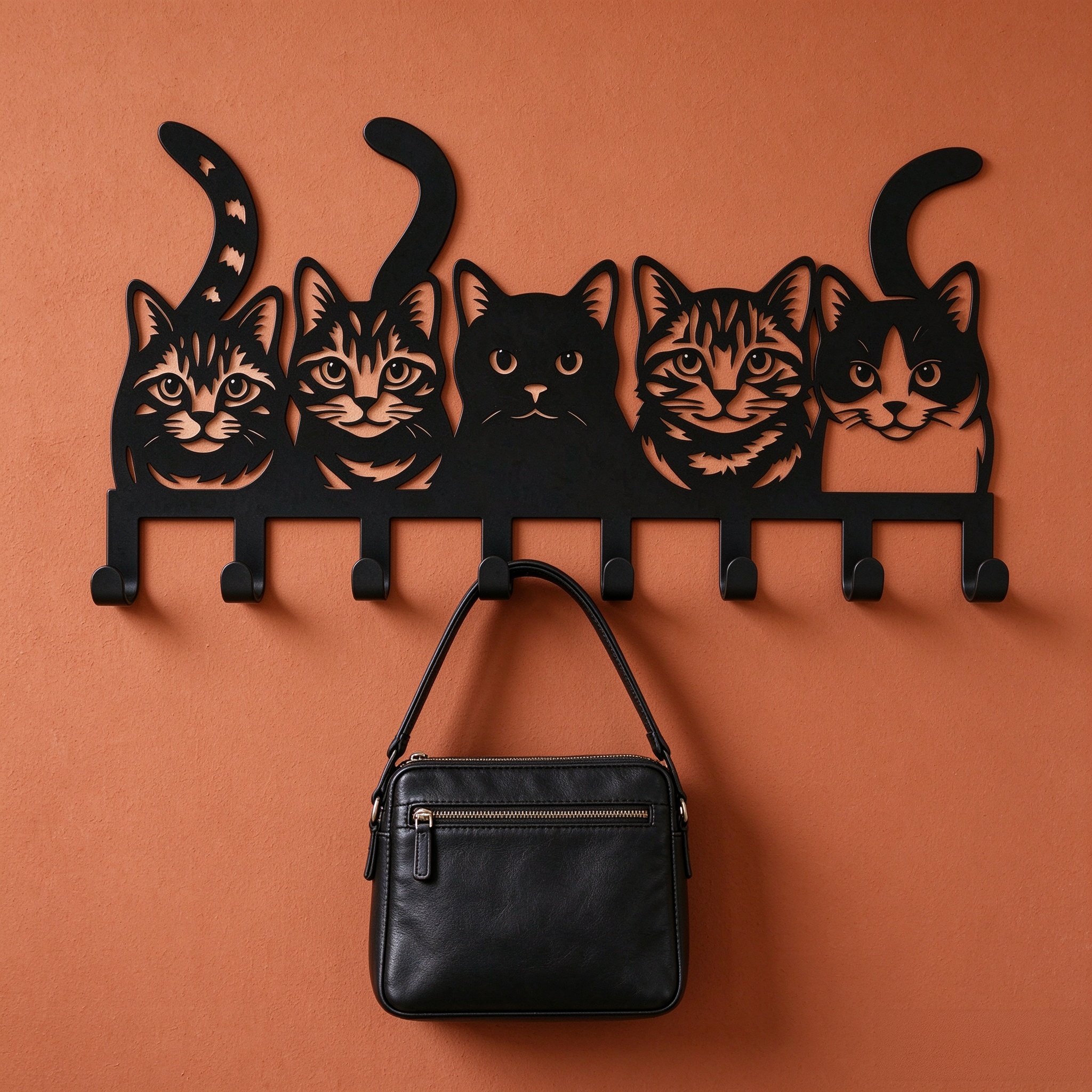 Black Metal Decorative Cats Wall Mount Hooks