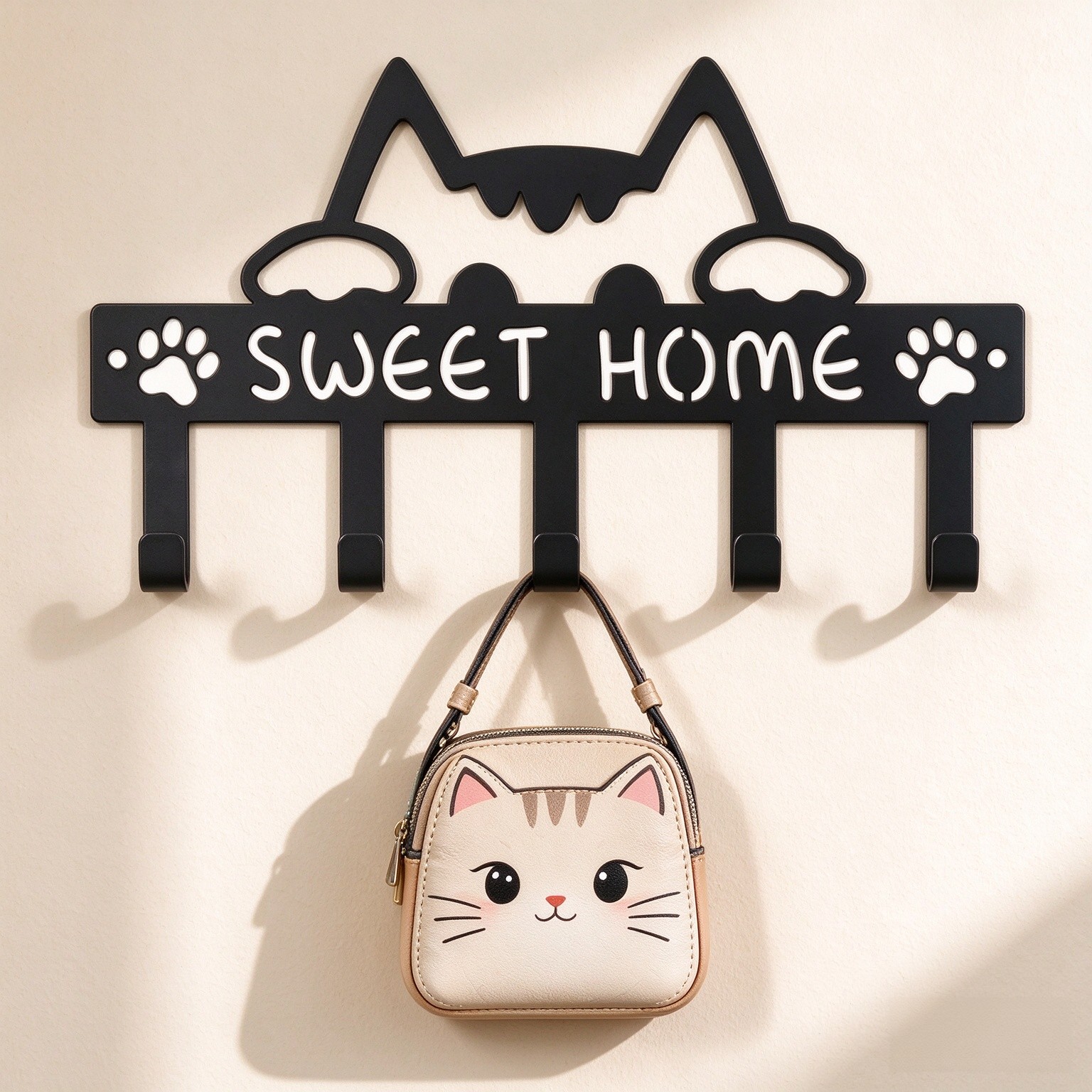 Key Holder Hooks Wall Mounted Organizer Hanger Rack, Cat Sweet Home Wall Metal Decor for Entryway Front Door Kitchen Hallway Garage Mudroom Office