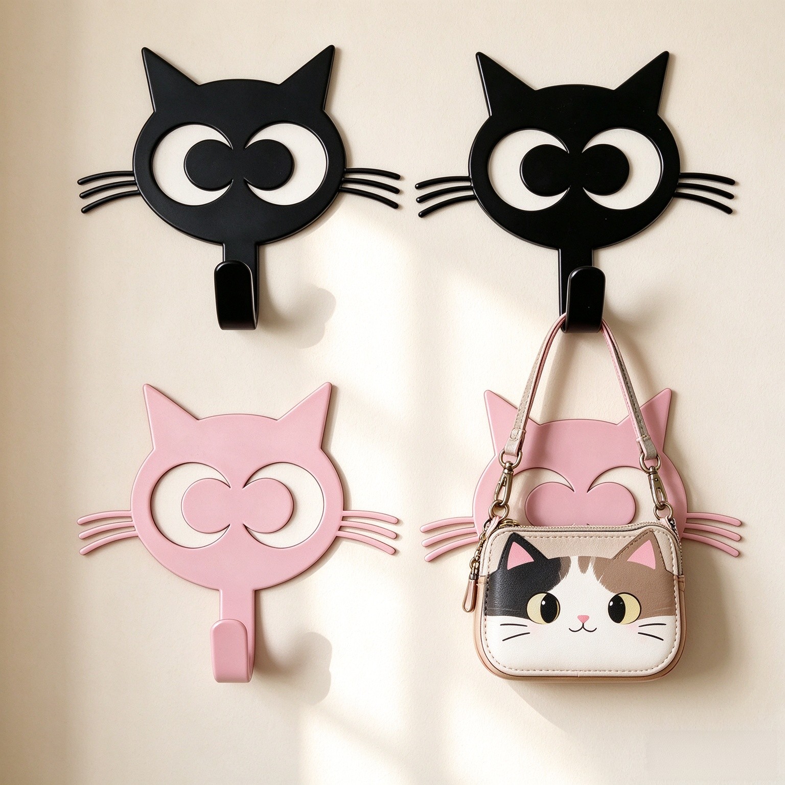 Cat Decorative Wall Hooks, Set of 4, 2 Styles Adhesive Wall Mounted Hangers