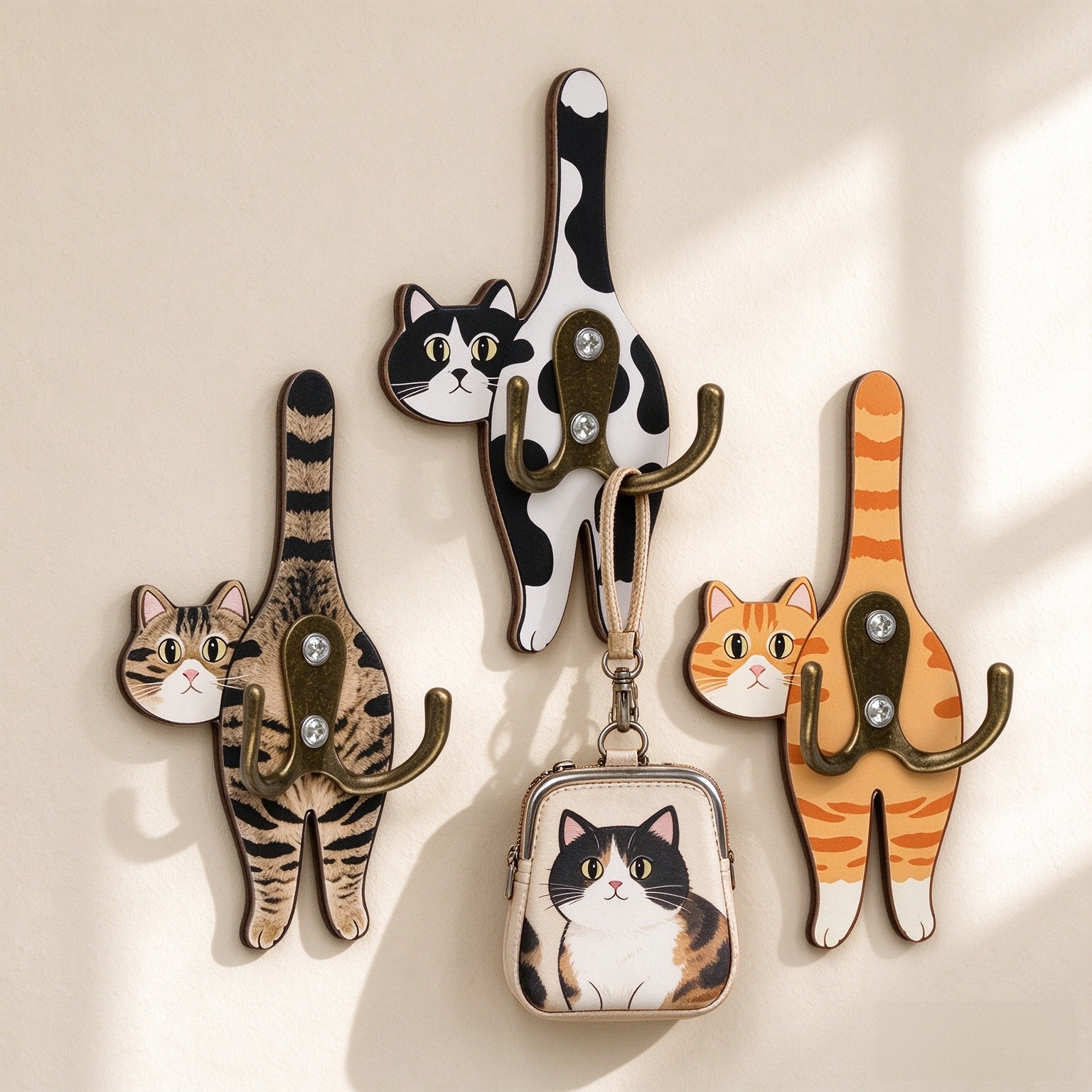 MOROBOR Cute Cat Wooden Wall Hooks, 3PCS Self-Adhesive No Drill Double Hook Decorative Animal Nursery Wall Hangers for Kids Home Decor Entryway Bathroom Kitchen