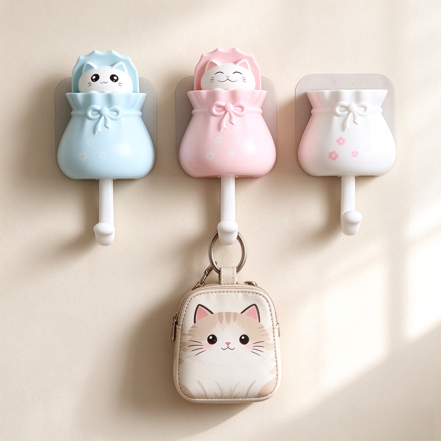 Cute Wall Coat Hook, Punch Free Cat Shape Self Adhesive Decorative Hook for Hanging Hats Keys Towels, with Strong Adhesive for Bathroom Kitchen Office Closet (Blue)