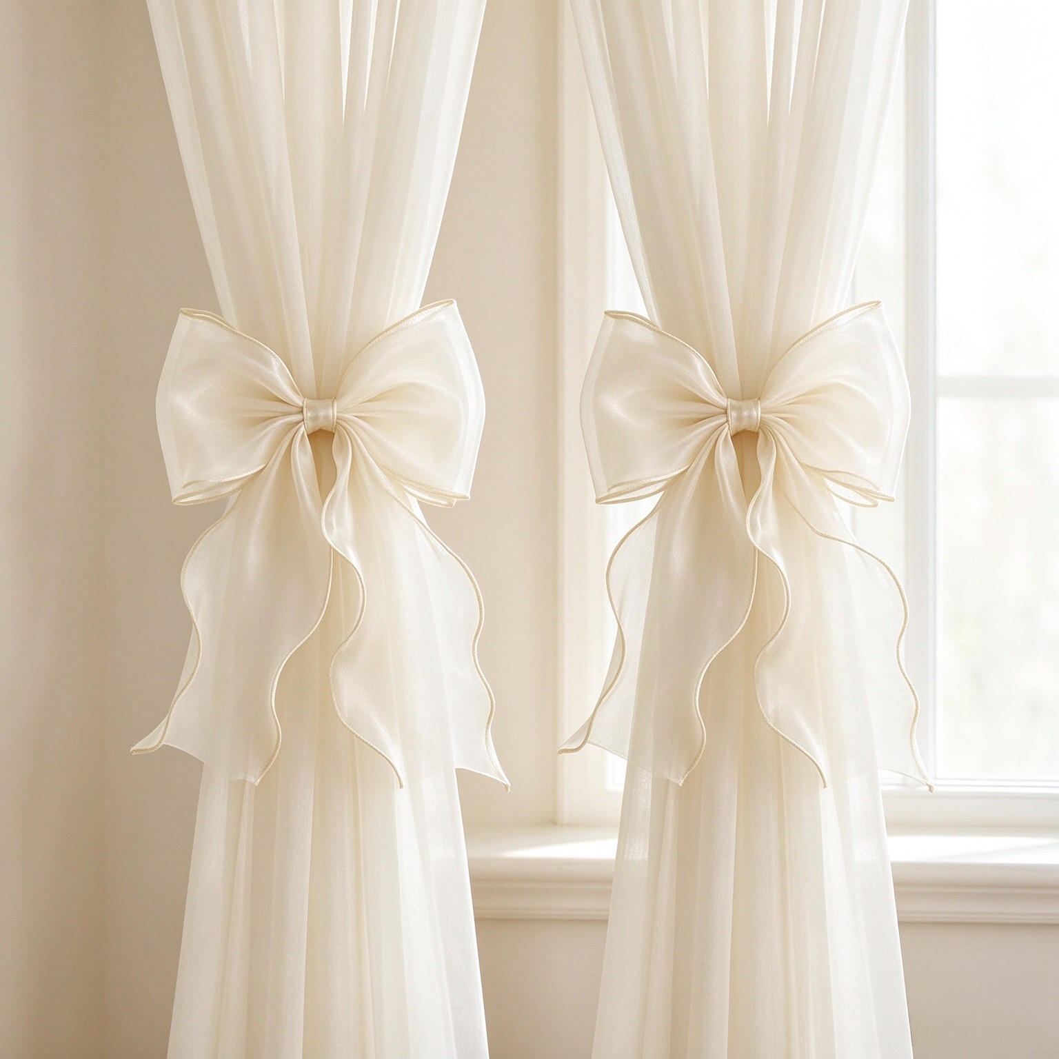 2 Pack French Lace Bow Curtain Tiebacks, Ivory