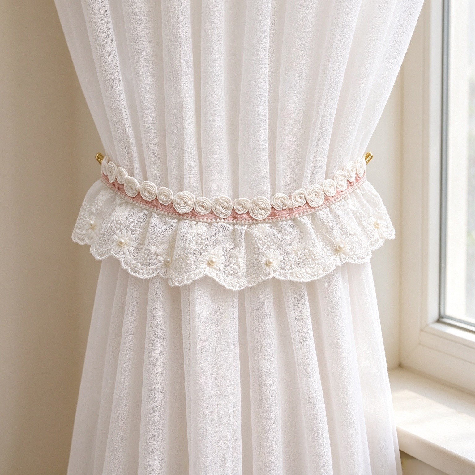 Decorative Curtain Tieback for Sheer and Thick Curtains, No Drill Window Curtain Holdback, Pink White, 1 Piece，Pearl Lace