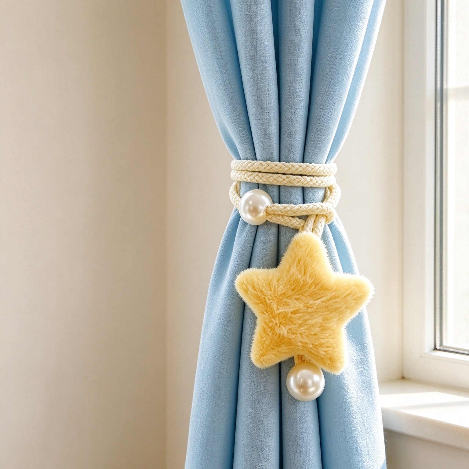 Yellow Star & Pearl Plush Cartoon Curtain Tiebacks, Decorative Curtain Holdbacks for Room, Cute Soft Fabric Ties for Drapes (Yellow)