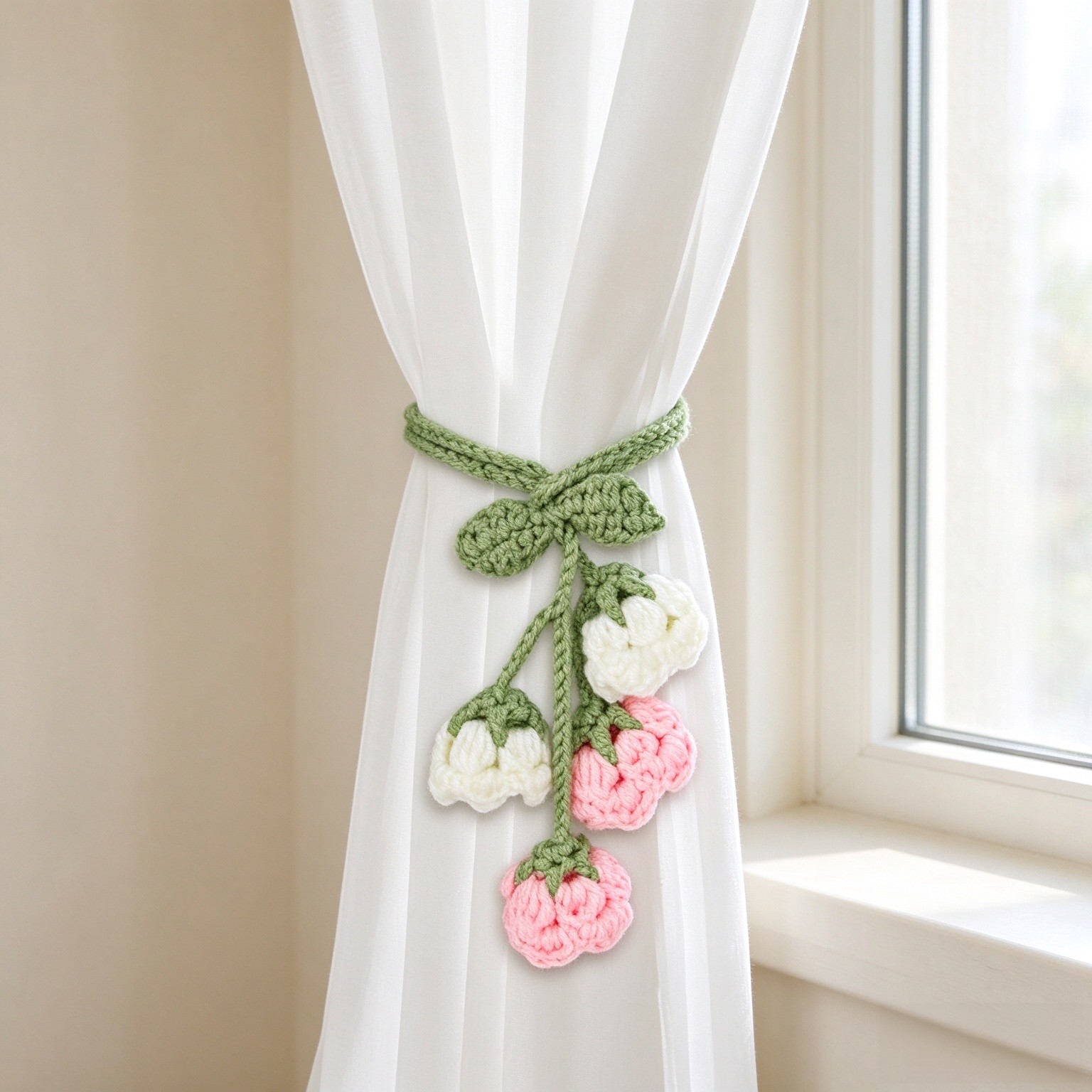 Flower Curtain Tiebacks, 4pcs Lily-of-The-Valley Curtains Holdbacks, Cute Curtain Holdbacks - No Drill Rope Holder, Drape Knitting Handmade for Nursery&Children's Room Decor (Pinkish/White)