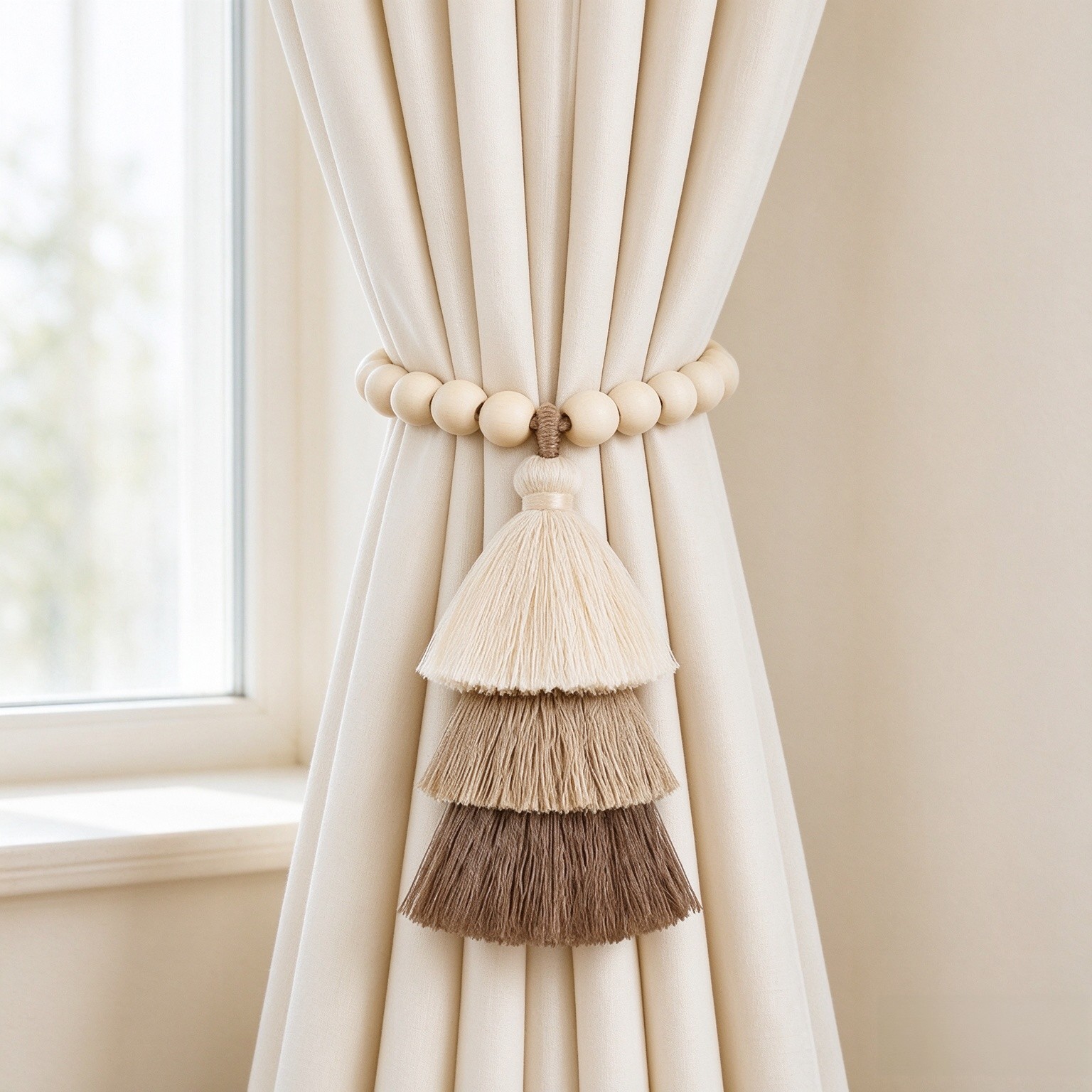 Magnetic Curtain Tiebacks, Wood Bead Curtain Holdbacks, Beige, 2 Pcs