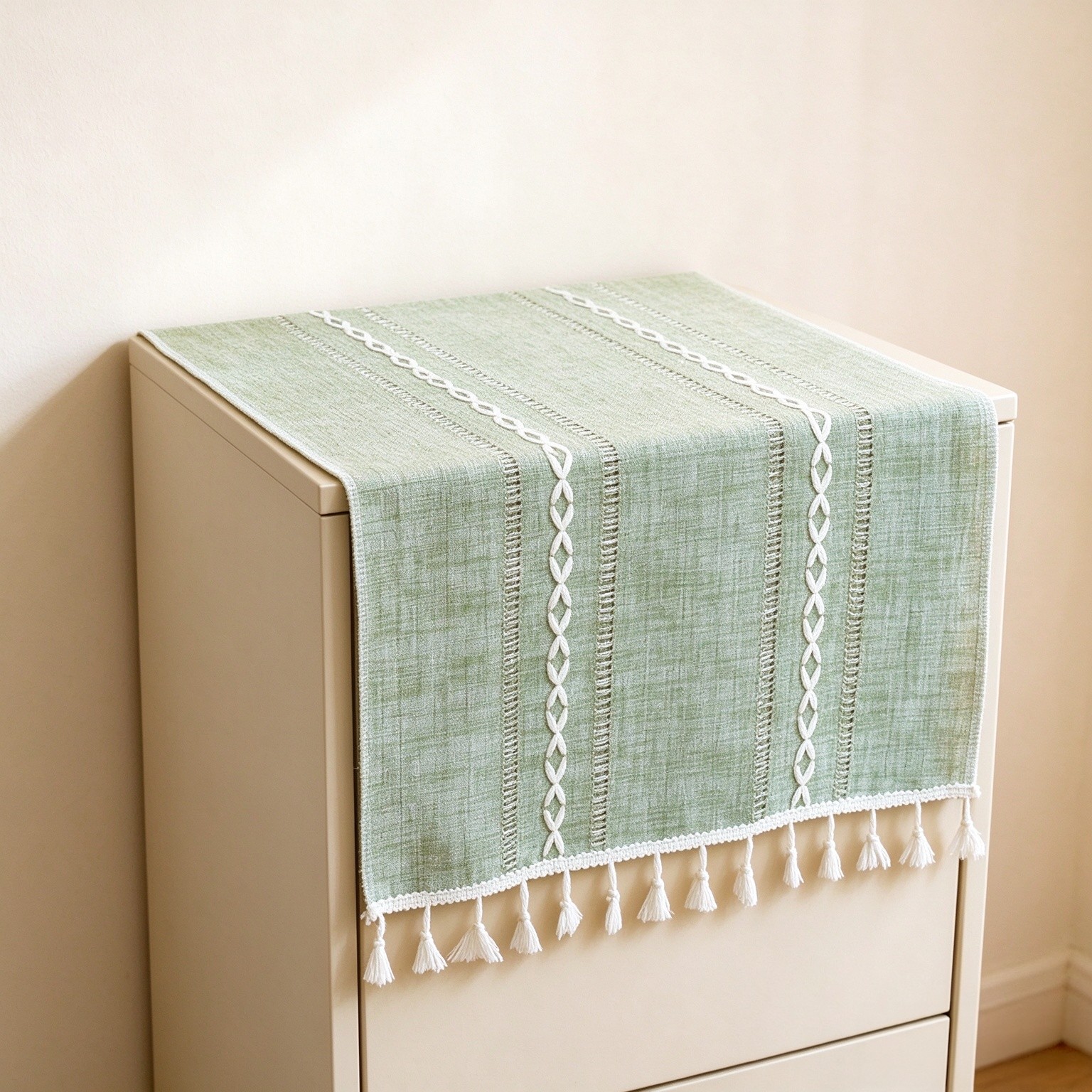 Green Tassel Bedside Tablecloth Nightstand Cover Cloth 15.7×35.4 Inch Side Table Covers for End Night Stand Coffee Tea Tables Dustproof Protector Dresser Tablecloth Table Scarf Washable