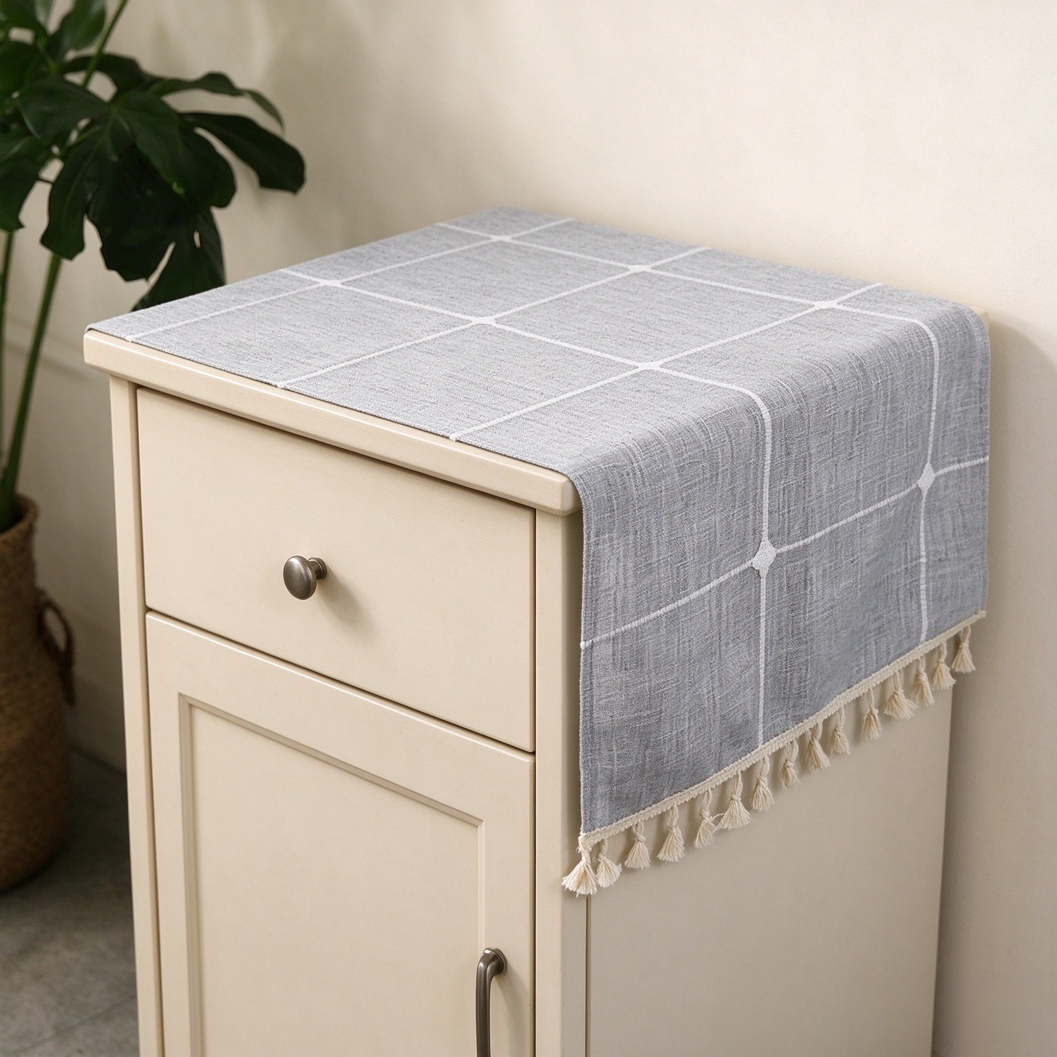 Bedside Table Tassel Cover Cloth Suitable for Bedside Table TV Microwave Washing Machine Home Decoration Fabric Tablecloth-Grey