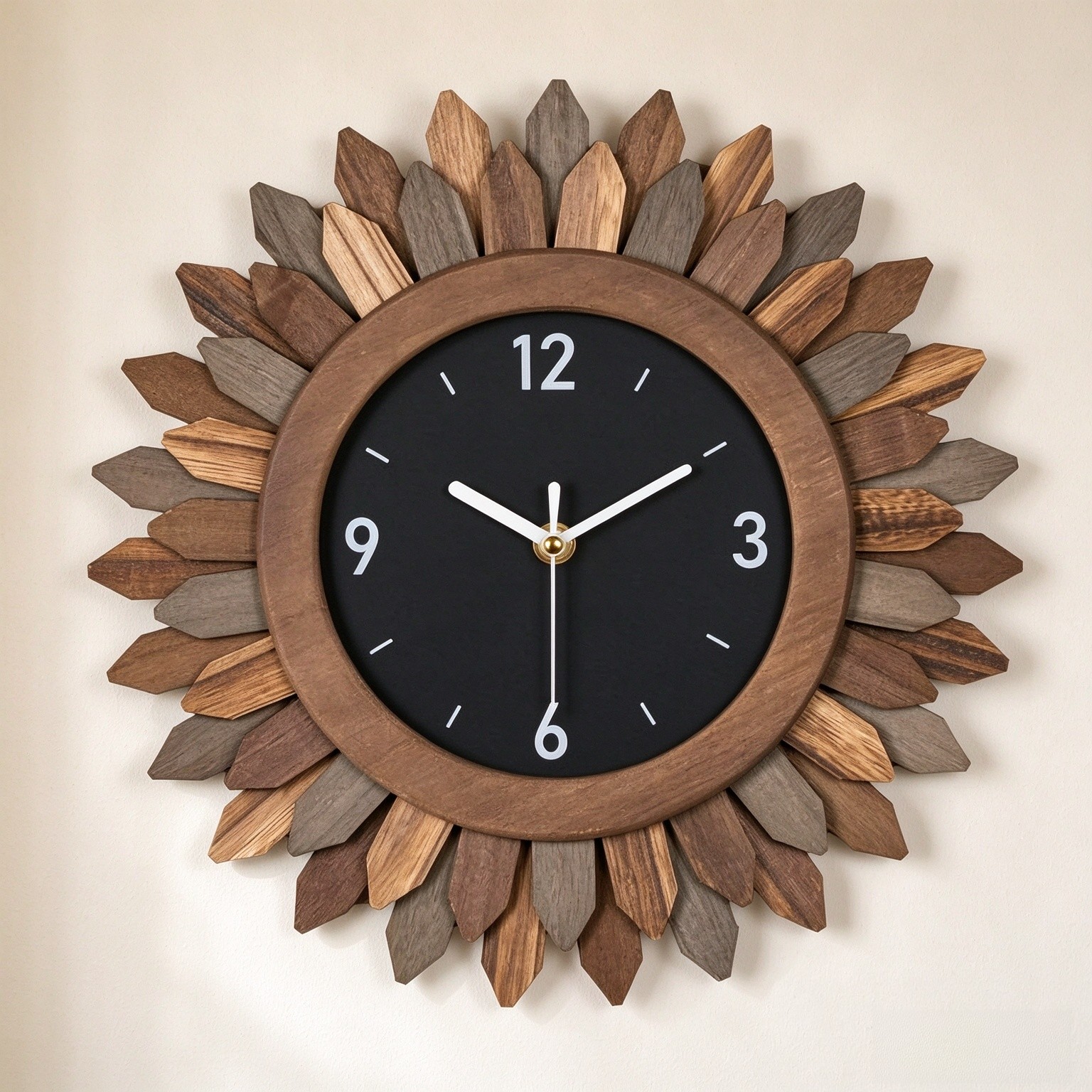 Wall Clock Battery Operated 12 in Rustic Wood Boho Sunburst Decorative Wall Clock Silent Non Ticking Farmhouse Small Wall Clocks for Living Room Kitchen Bathroom Bedroom Decor (Tricolor)