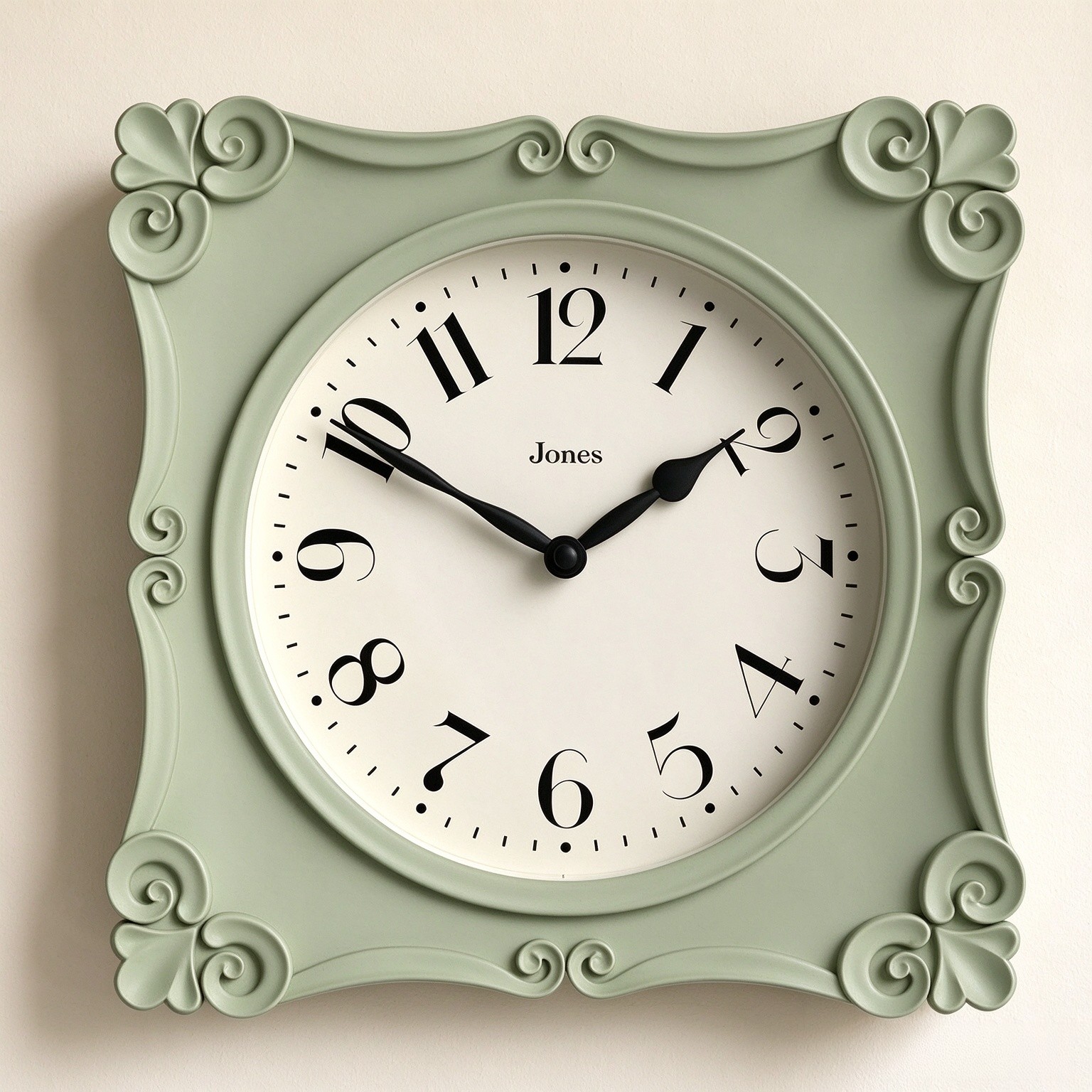 JONES CLOCKS® Rialto wall Clock | Ornate Square Clock | 10" | Sage Green