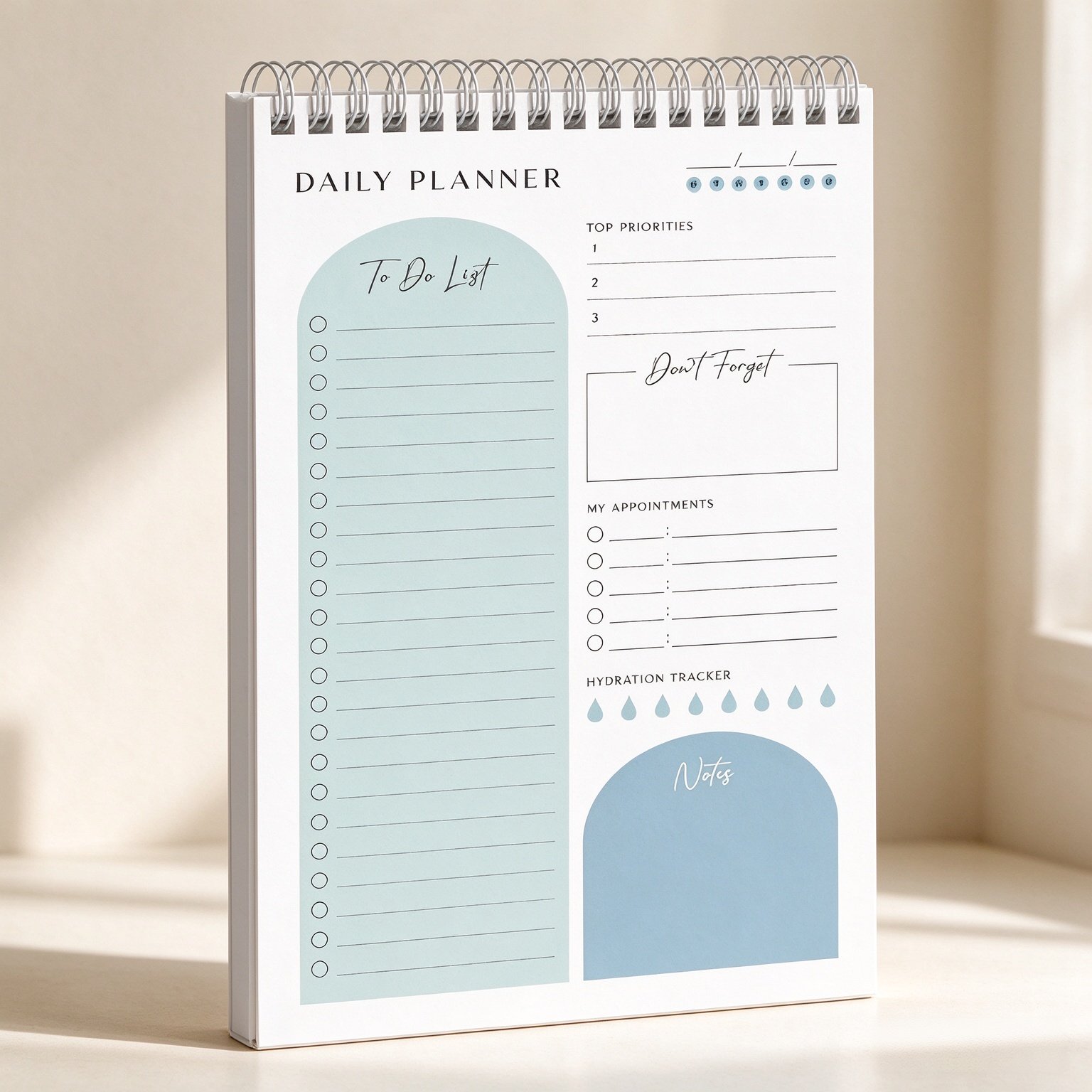 Daily Planner To Do List Notepad 60 Undated Pages,Pastel Blue,Twin-ring Spiral Bindling 6x9 Inch Desktop Daily Planning Notepad with Protective Cover, Water Intake, Habit Tracker