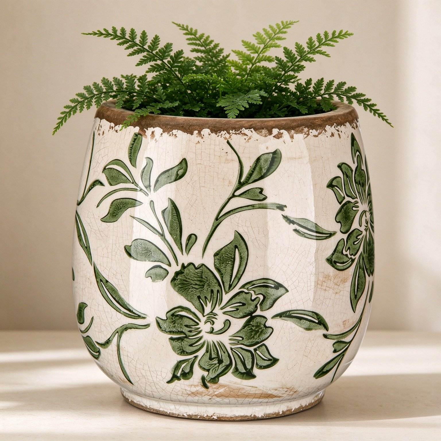 SiliFine Ceramic Planter Ice Crackle Drainage Holes,Rustic Style
