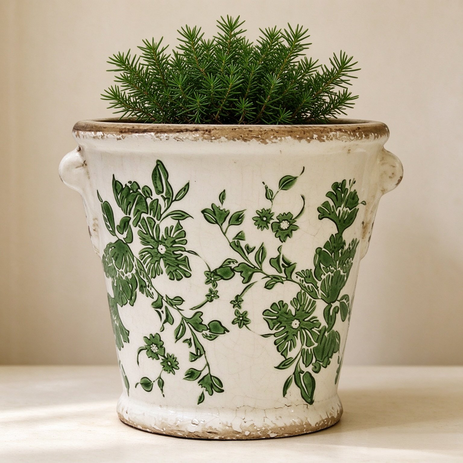 Tuscan Flower Pot Container Vintage Planter Ceramic Ice Crack Planter Green
