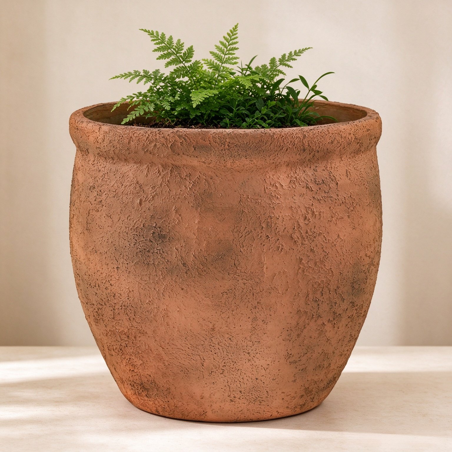 9" Dia Small Terracotta Planter Pot, Black-Washed Vintage Fiberstone Décor