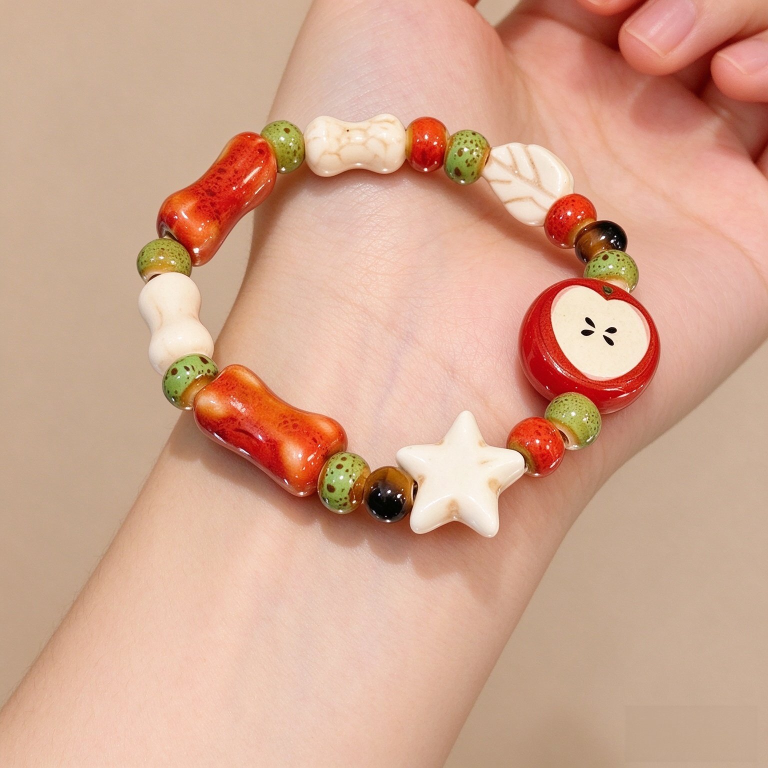 Handmade Bracelet – Apple Ceramic Bracelet, Adjustable Cute & Elegant Christmas Gift, Glazed Colorful Porcelain Beads, Stylish Woven Cord Accessory for Women