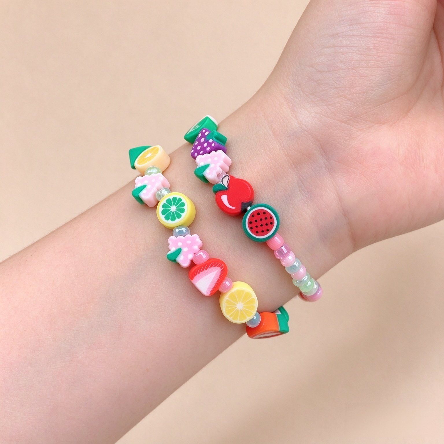 Colorful Fruit Beaded Stretch Stack Bracelet Set Pearl Heishi Multiple Multicolour Rainbow Heishi Y2K Aesthetic For Women Polymer Clay Handmade Summer Beach Jewelry