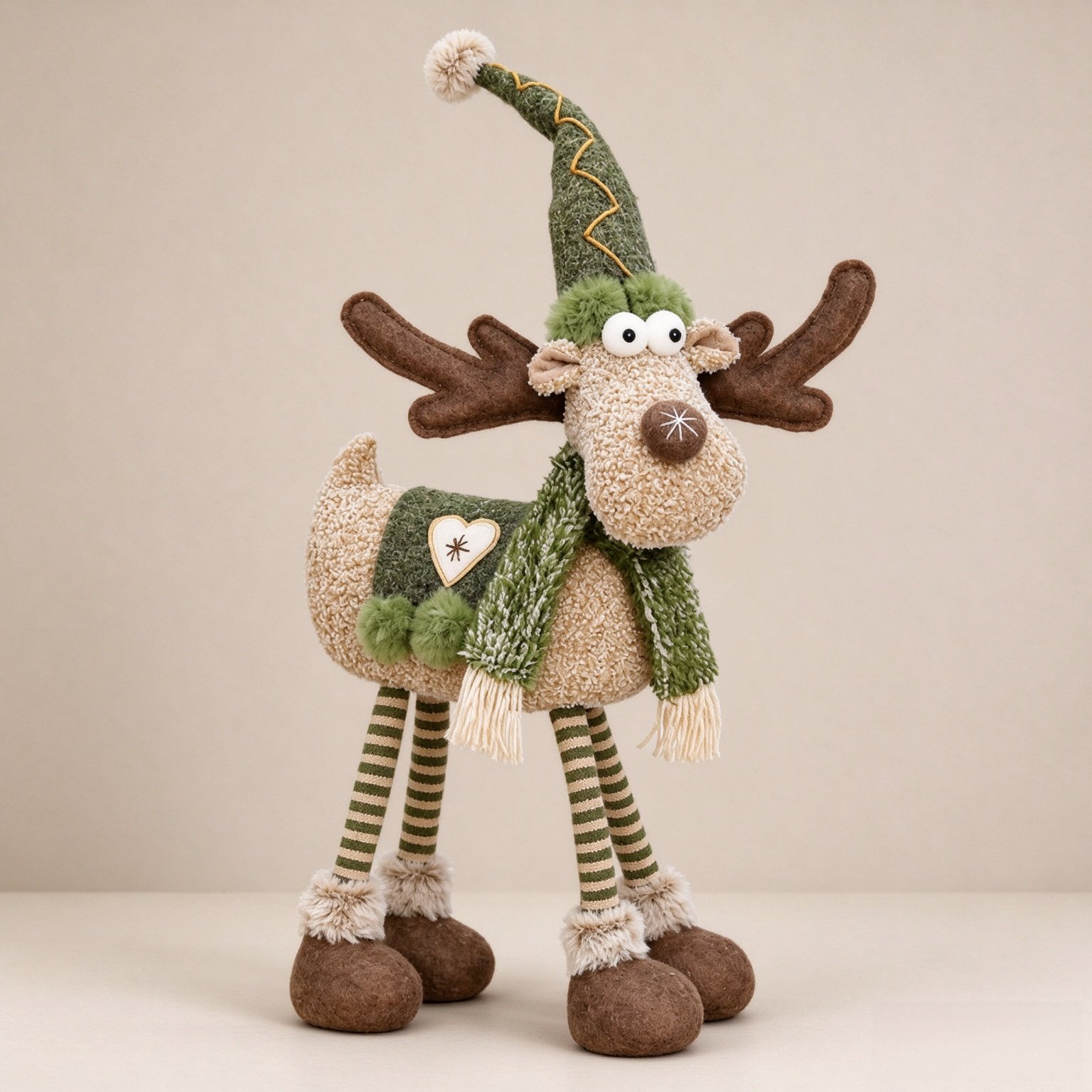 Standing Christmas Reindeer Decor, Green Fabric Moose Figurine with Antlers, Rustic Holiday Floor Accent for Home, Entryway, Storefront and Window Display， C