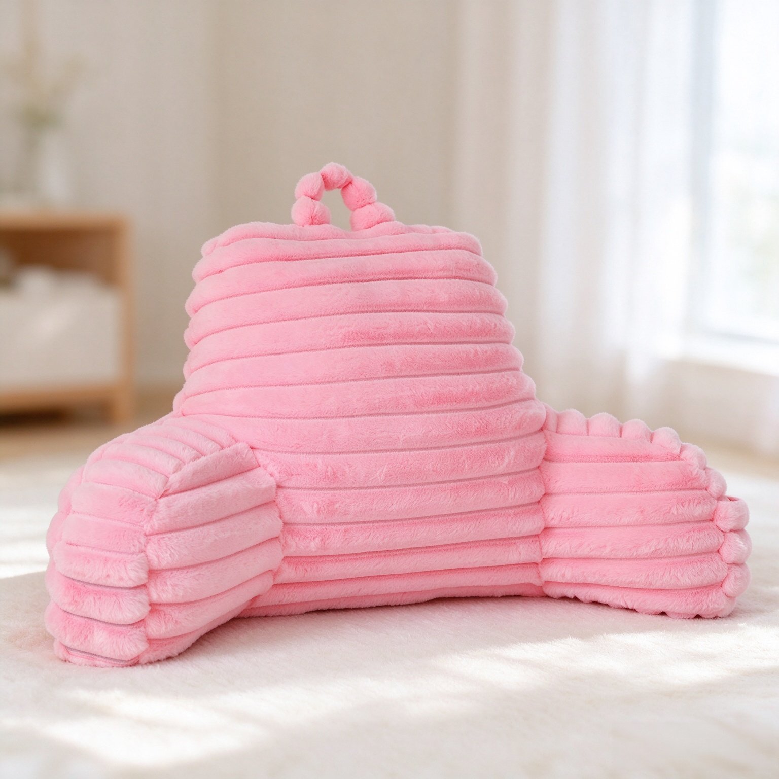 Large Reading Pillow for Adults, Back Support Pillow for Sitting Up in Bed with Arms, Couch for Lounging Bedrest, Pink
