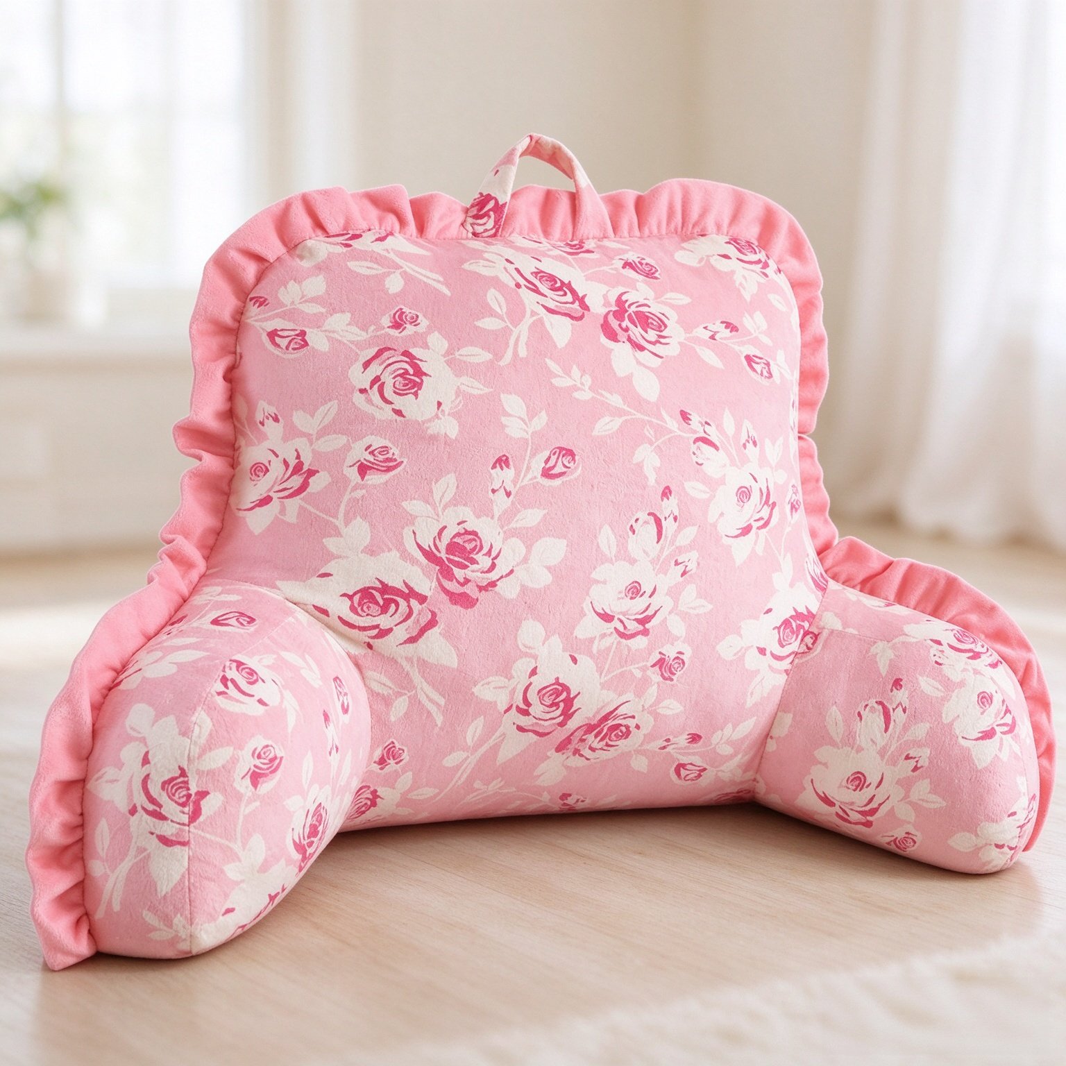 Pink Rose Ruffle Backrest Pillow, 35"x22" for Bed, Couch & Reading
