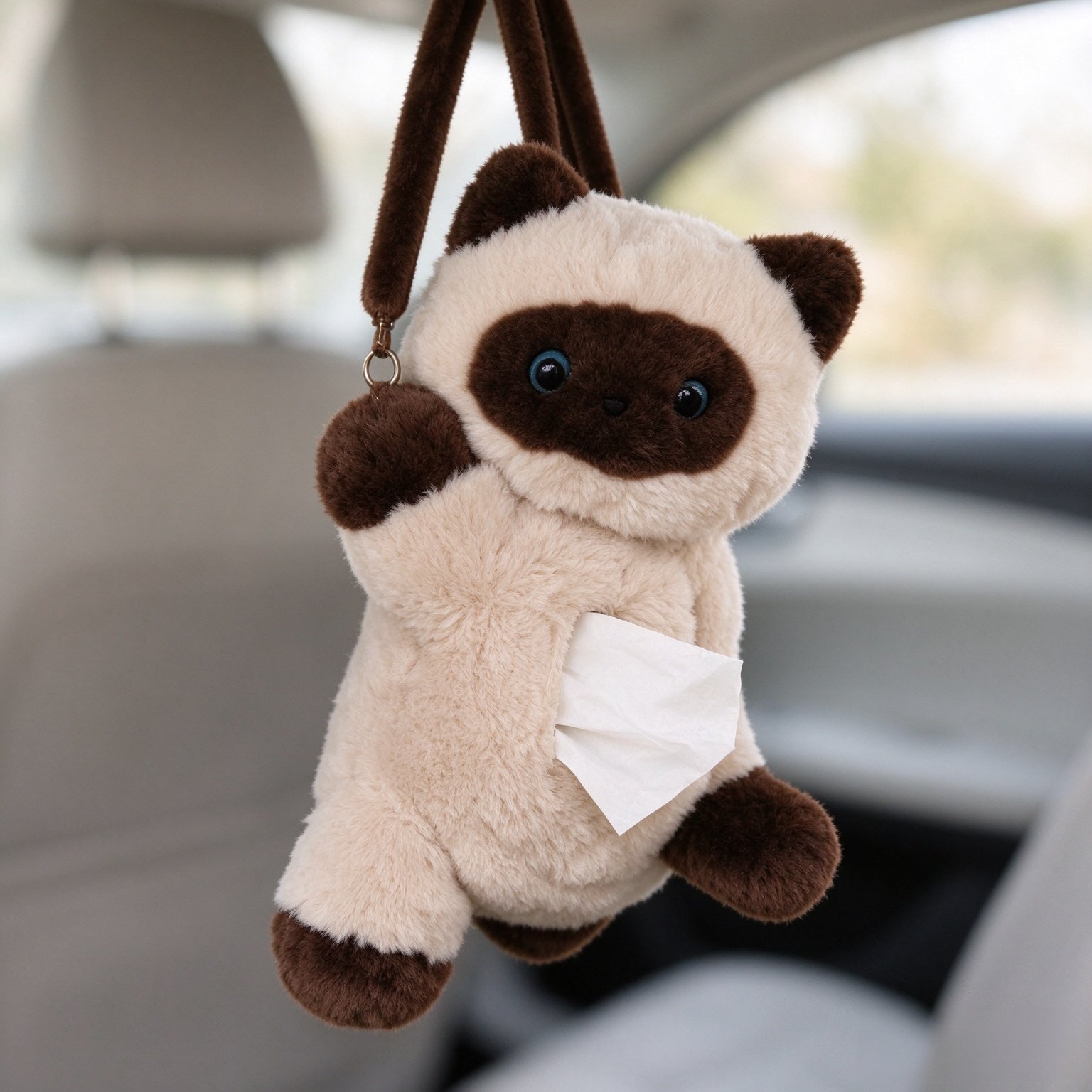 Cute Cat Tissue Box Cover, Hanging Car Tissue Holder for Vehicle Seat Headrest, Adorable Kitten Tissue Dispenser for Car Home Decor, Siamese