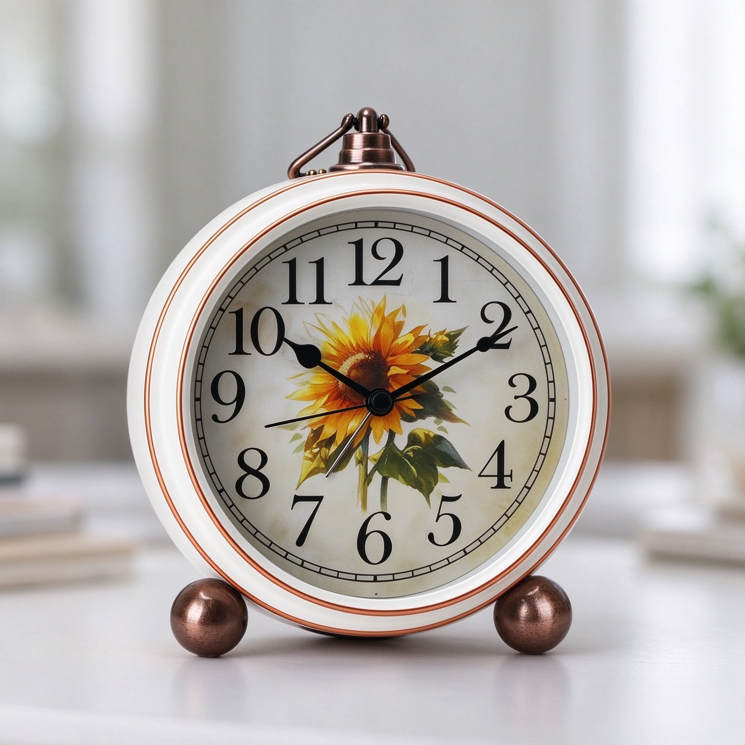 Classic Vintage Table Clock - 5.2in Cute Sunflower Analog Clock, Silent Non-Ticking Desk Clock with Distressed Metal Frame for Office, Living Room or Bedroom (Sunflower)