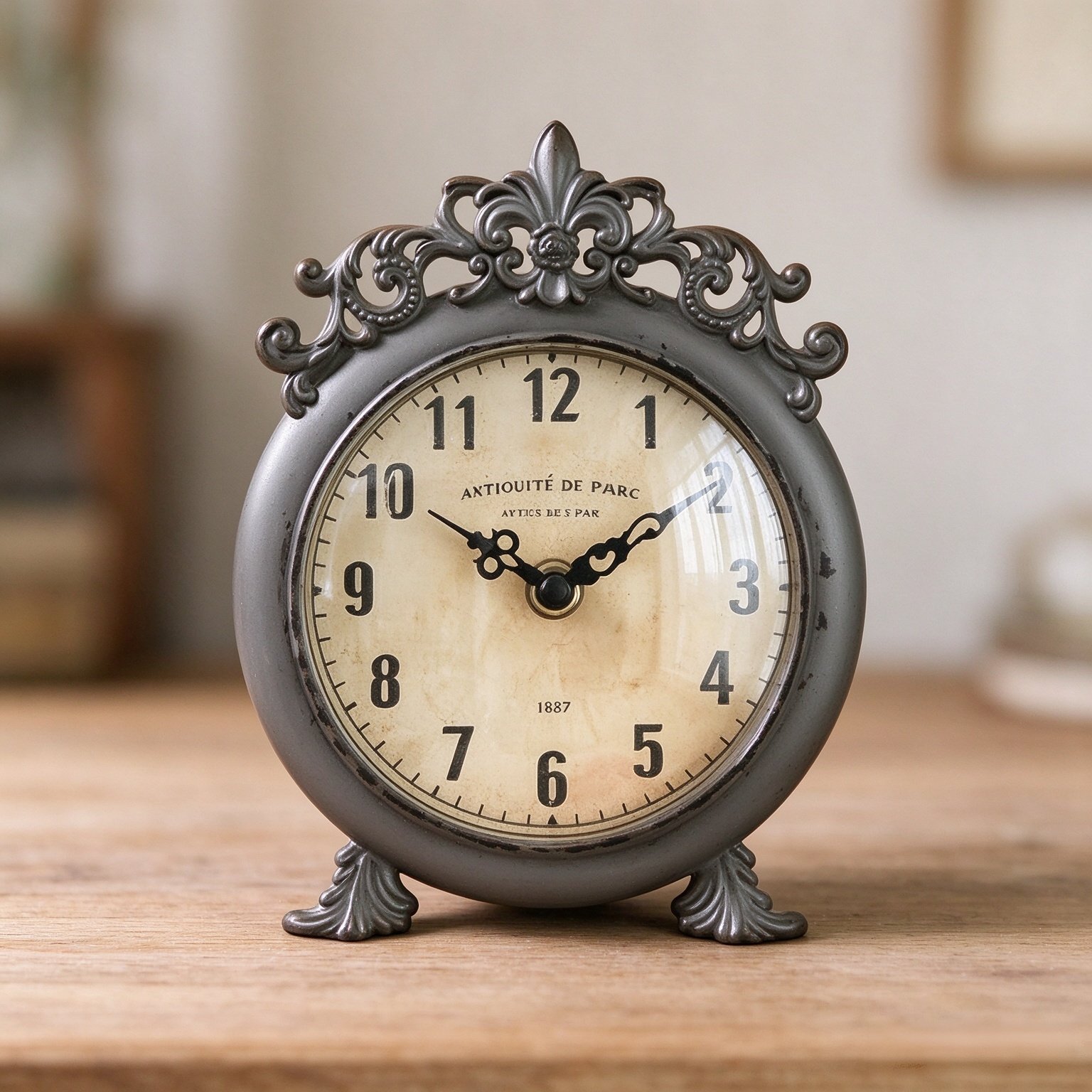 NIKKY HOME Small Vintage Table Clock, Decorative Shelf Desk Top Clock Battery Operated Round French Design, Farmhouse Home Decor for Bathroom, Tabletop, Desktop, Countertop, Rustic Grey